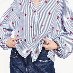 Zara Stripe Embroidery Blouse with Balloon sleeve